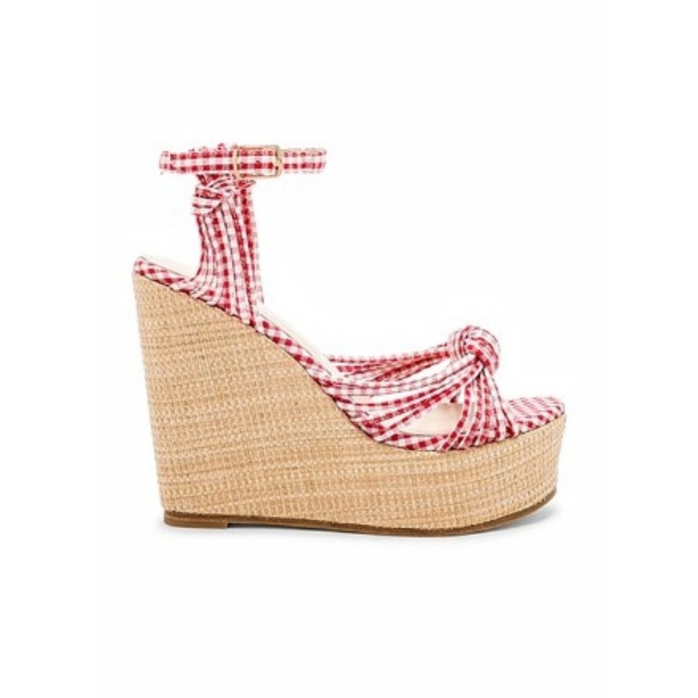 RAYE Gina Gingham Check Milkmaid Platform Basketweave Wedge Sandal